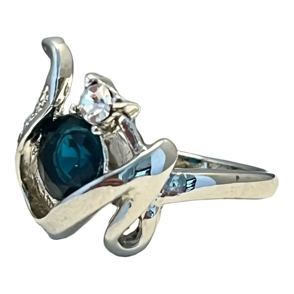 Vintage 1980s Blue Glass Ring Rhinestone Accents Silver Tone Size 7 - 5Z